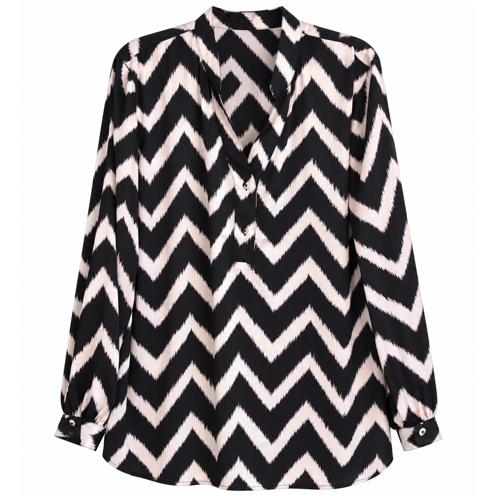 Chico's Tunic Blouse Size 2 (XL) Black Ivory Chevron Silky Oversized Top